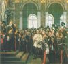 <b>La proclamation de l'Empire allemand dans la Galerie des Glaces de Versailles</b><br>Peinture de A. von Werner, XIX<sup>e</sup> siècle, Bismark-Museum.